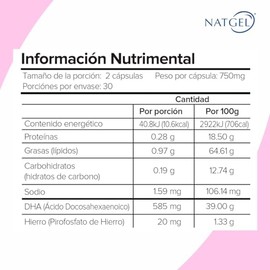 HIERRO PATENTADO LIPOFER® + DHA | Natgel Omega-3 de Alga Schizochytrium con Hierro Patentado Lipofer® | Alta Absorcion, Sin Sabor Metalico y Suave con
