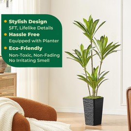 5FT Artificial Dracaena Tree with Black Planter and Fake Moss - Real Touch Fake Plant for Home & Office Decor, Faux Yucca Indoor Floor Tree, Low Maintenance, Non-Fading Silk Plants
