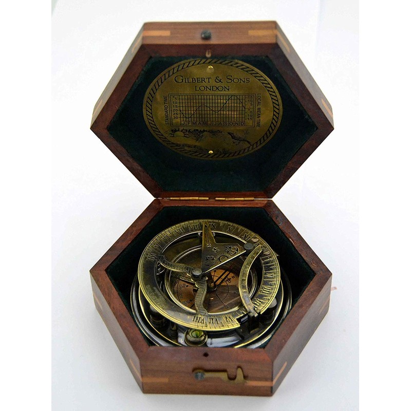 Nautical Antique Gilbert Brass Decorative Sundial Compass with Rose Wood