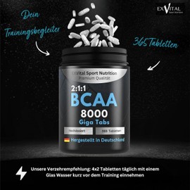 BCAA 8000 Giga Tabs - 365 Vegan Tablets, High Dose with 8000 mg BCAA per Day - in Optimal Ratio 2:1:1 - Amino Acids Complex of Leucine, Isoleucine & Valine - Laboratory Tested