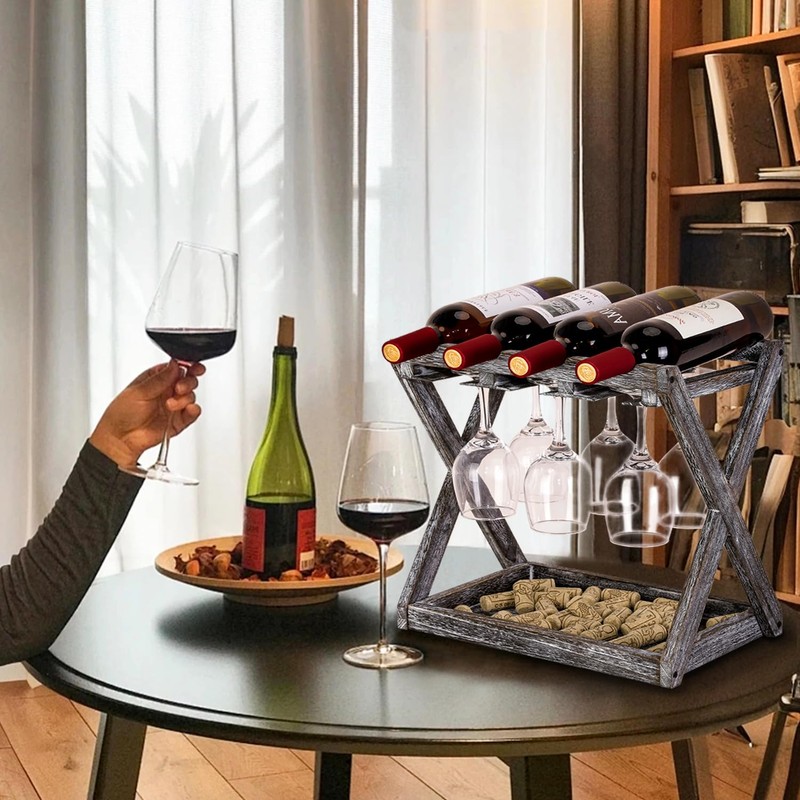WDSHIYI Rustic Wood Wine Rack for 4 Bottles and 6