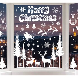 AnyDesign 9 Sheet Christmas Window Clings White Xmas Tree Snowflake Reindeer Window Decals Double-Sided Merry Christmas Window Decor for Xmas Winter Home School Office Decoration Party Supplies