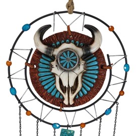 Ebros Gift Southwest Western Tribal Native Boho Chic Turquoise Maroon Rocks with Bull Cow Skull and Dreamcatcher Web Feathers Wind Chime Noisemaker Outdoor Patio Garden Mobile Accent
