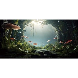 AWERT 24x12 inches Aquarium Background Foggy Stone Mushroom Moss Terrarium Background Polyester Green Plants Cave Fish Tank Background