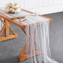 HICOHAND Pearl Tulle Table Runner White Pearl Chiffon Lace Table Cloth Wedding Arch Decoration Birthday Party Table Decoration 160x100cm/63x39inch
