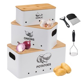 Metal Onion Garlic Potato Storage Set, Kitchen Vegetable Storage Tins Set of 3, + 3 Stainless Steel Gadgets, Canister Sets for Kitchen Counter with Aerating Holes and Wooden Bamboo Lids-White