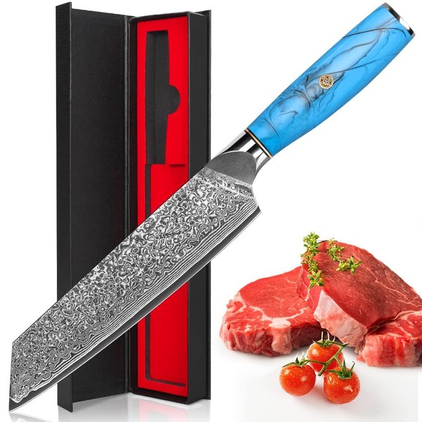 Home Safety Damascus Japanese Kiritsuke Chef's Knife, Damask Kitchen Knife with Extremely Sharp 18.8 cm Blade Made of 67 Layers Vg-10 Damascus Steel Ergonomic Natural Resin Handle Gift Box