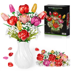 Building Blocks Flowers Bouquet Kit, 680PCS Everlasting Roses/Tulips Artificial Flowers Set, Creative Gift for Mother’s Day, Valentine’s, Christmas, Birthdays, Ages 6+ & Adults (No Vase)
