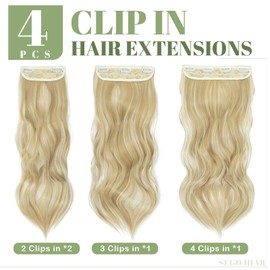 SEGO 22 Inch Thick Highlight Hair Piece 4PCS Long Wavy Clip in Extensions Full Head 180g Synthetic Fiber Hairpieces For Women, Ash Blonde & Bleach Blonde