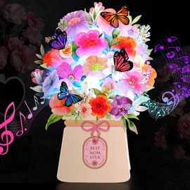 LIGHTS & MUSIC Mothers Day Pop Up Card, Orchid, Lily and Butterflies, 10 Inch Life Sized Forever Flower Bouquet Mother’s Day Cards from Daughter, Son, Husband, Gifts Cards for Mom Wife Grandma