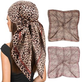 LeopardSilk Head Scarf for Women -35'' Square Leopard Print scarf Cheetah Animals Print Satin Hair Scarf for Sleeping Warp at Night (Style135)