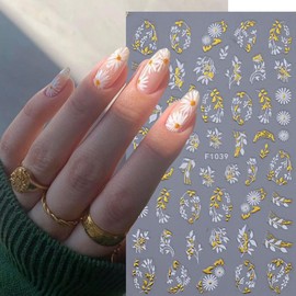 Flower Nail Stickers for Nail Art Spring Summer Nail Decals 3D Self-Adhesive Nail Supplies White Gold Daisy Blossom Floral Sunflower Leaves Butterfly Nail Design Sticker for Women Nail Decoration 8PCS