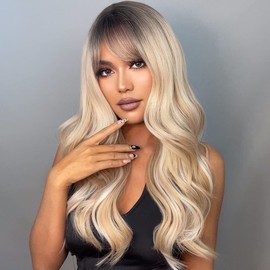 EMMOR Blonde Wigs with Fringe Blonde Highlights Synthetic Women's Wig Long Wavy Tiered Heat Resistant Daily Use Natural and Comfortable