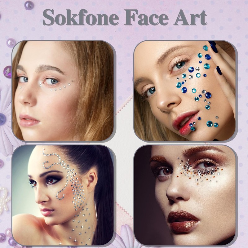 3 Sheets Face Gems Self Adhesive Rhinestones Stick on Face