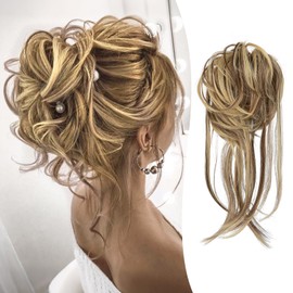 PHOCAS Messy Bun Hair Piece Curly Hair Buns Hairpieces Natural Fluffy Space Bun Extensions for Women Daily Wedding Dating Use(Brown Mixed Blonde Highlight)