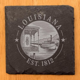 Louisiana Steamboat River Scene Slate Coasters for Drinks, Vintage State Seal Design with Paddle Wheel Boat and Historic Balcony, Rustic Home Decor Gift Set, Handcrafted in USA (Set of 8)