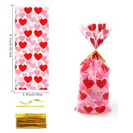 SaktopDeco 100 PCS Valentines Day Gift Bags Heart Cellophane Bags Goodie Bags Candy Bags With Twist Tie for Party Supplies
