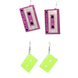 CutieJewelry Cassette Tape Dangle Cute Pretty Earrings 2 PAIRS (Lilac and Neon Yellow)