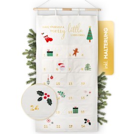 AMARI ® Advent Calendar for Filling, White/Gold, XXL Wall Calendar (70 x 130 cm) with 24 Compartments for Crafts for Christmas, Advent Calendar for Hanging, Fabric, Christmas Calendar
