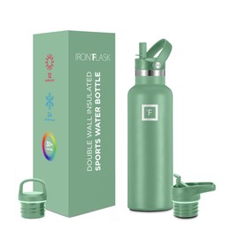 IRON °FLASK Camping & Hiking Hydration Canteens - 3 Lids (Narrow Straw Lid) Leak Proof Vacuum Insulated Stainless Steel - Hot & Cold Double Walled Sports Water Bottle - Sage, 20 Oz
