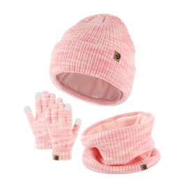 MARUKO Kids Hat Scarf Gloves Set, 3 in 1 Girls Boys Neck Warmer Touchscreen Mitten Soft Fleece Lining Elastic Winter Accessories Sets Sports Outdoor Gifts for Children Kids (Pink)