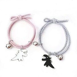 Fuqimanman2020 2PS Cute Dinosaur Couple Mutual Attraction Love Heart Matching Bracelets Set Stretch Braided Rope for Couple Lover Friendship Relationship Best Friend Back to School Jewelry-Pink Gray