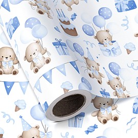 WRAPAHOLIC Bear Baby Shower Wrapping Paper Roll - Mini Roll - 17 Inch x 16.5 Feet - Teddy Bear Baby Boy Wrapping Paper, Perfect for Kids Boys Birthday, Newborn Gift Wrap
