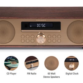 Crosley CR3501A-MA Fleetwood Retro Alarm Clock FM Radio and CD Player with Stereo Bluetooth Speakers, Mahogany
