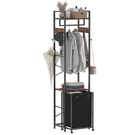 Yifeel Coat Rack with Laundry Basket, Laundry Hamper Freestanding Hall Tree, Clothes Rack with Storage Shelves, 14.5 Gal Removable Bags on Wheels, Black and Brown JLH005SR