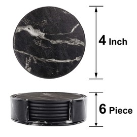 Leather Coasters with Holder Set of 6,Black Marble Coasters for Drinks,Funny Housewarming Gift,Round Cup Mat Pad for Home and Kitchen