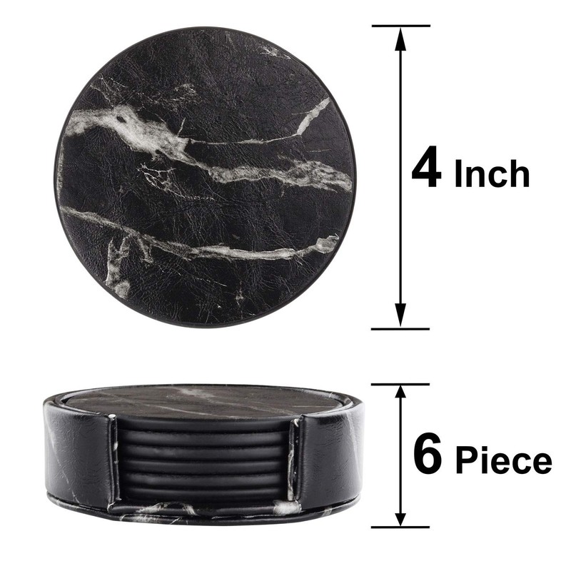 Leather Coasters with Holder Set of 6,Black Marble Coasters for