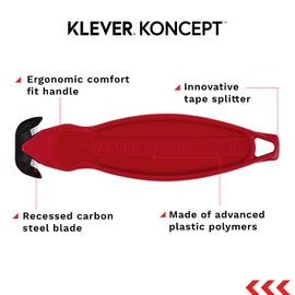 Klever Koncept Safety Cutter, Carbon Steel Blade Box Cutter, Cuts Boxes, Film, Tape, and More, Utility Knife, Red, 20/pk (KCJ-2R)