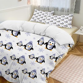 Penguin Bedding Set Cartoon Penguin Animal Theme Comforter Set Covers for Kids Teens Women Penguins Duvet Cover Bedroom Decor Soft King Size Quilt Cover with 2 Pillowcases
