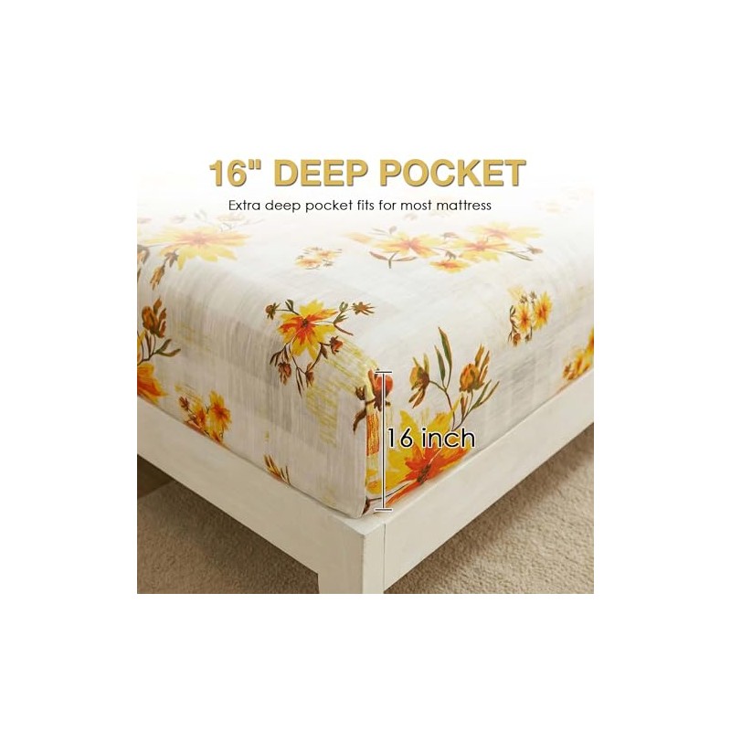 JSD Juego de sábanas con Estampado Floral Amarillo, tamaño King,