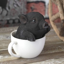 SUMMIT COLLECTION Adorable Pigs in Teacup Figurine Novelty Ornament Tabletop Decor Polyresin Piggy Figurine 5.25 Inches Tall (Black)
