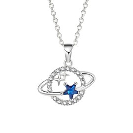 TREE NEST Collar con Colgante de Planeta para Mujer, Collar Clavícula Estrella Azul de Ensueño, Collares con Colgante de Ajustable, Joyería de Alta Gama de Moda, Collares de Cristal Joyería para Mujeres, Regalos de Joyería de Boda de Aniversario, Plata