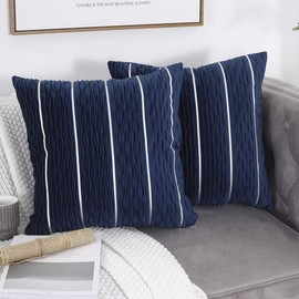 Yeadous Decorative Jacquard Wave Cushion Cover, Pack of 2 Velvet Pillow Cover (Navy Blue, 45 x 45 cm)