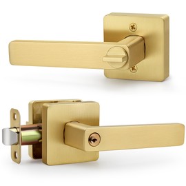 LOQRON Square Keyed Entry Door Lever, Brushed Gold Door Handles, Heavy Duty Door Lever with Keys and Lock Gold Door Handle Reversible Door Handle for Right/Left Handed Entrance Front Door Bedroom