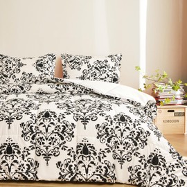 American Home Collection Down Alternative Comforter Set, Ultra Soft Microfiber, 2 Pieces Bedding Set with 1 Comforter and 1 Pillow Sham (Twin/Twin XL, Black & White Damask)