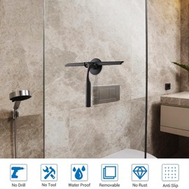 Quntis Jalador para Vidrios, Escobilla de Goma para Limpieza con Ganchos a Juego Apoyo y 1 Escobilla Goma Repuesto, Limpiacristales de Ducha Acero Inoxidable para Baño, Ventanas y Cristales, Negro