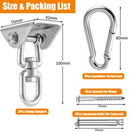 2Pcs Heavy Duty Sensory Swing Hangers with Bolts Screws, Stainless Steel Boxing Bag Bracket 450kg for Playground Equipment, 360° Swivel Hammock & Hanging Chair Hooks for Concrete Ceiling, Wooden Porch