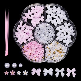 GZMAYUEN Flower Nail Charms and Flatback Beads Set, 3D Acrylic Bows Pink Bow for Nail Jewellery DIY Nail Art Decoration