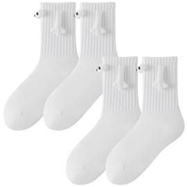 2 Pair Magnetic Socks Holding Hands, Friendship Couple Novelty Hand in Hand Socks, 3D Doll Cute Unisex Funny Mid Tube Sock with Magnetic Hands (white and white)