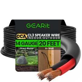 GearIT 14/2 Speaker Wire (20 Feet) 14 Gauge (Copper Clad Aluminum) - Outdoor Direct Burial in Ground/in Wall / CL3 CL2 Rated / 2 Conductors - CCA, Black 20ft
