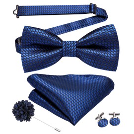 Hi-Tie Pretied Bowtie Lapel Pin Set for Men Pocket Square Cufflinks 4PCS Bow Tie Set Mens Wedding Business Party, Navy