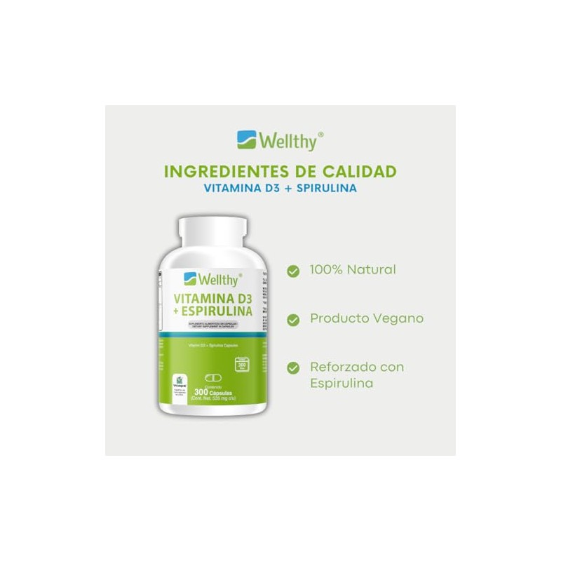 Wellthy Vitamina D3 400 unidades Espirulina 300 Cpsulas. Reforzado con