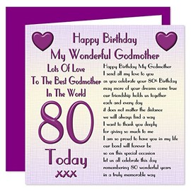 Godmother 80th Happy Birthday Card - Lots Of Love To The Best Godmother In The World - Verse From An Adult - 80 Today