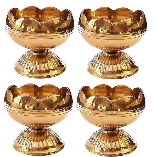 SATVIK 4 Pc Brass Diya (Big) for Diwali Decoration. Handmade Oil Lamp with Golden Engraved Made of Virgin Brass Metal. Diwali Diya Vilakku for Puja Pooja. Traditional Indian Deepawali Gift Items