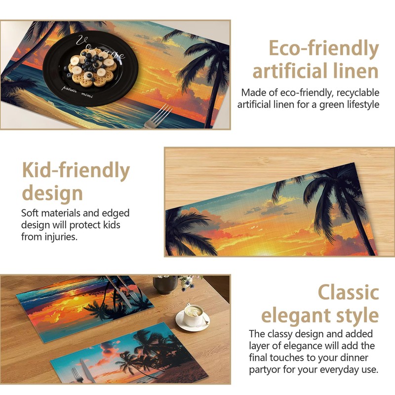 Sea Sunset Linen Placemats Set of 6, Decorative Table Mats