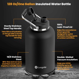 Luxgola 128 oz Insulated Water Bottle with Spout Lid and Handle, One Gallon Stainless Steel Large Double Vacuum Water Jug for Hot & Cold Drinks - Sweat Proof, Great for Travel, Hiking, Camping - Black